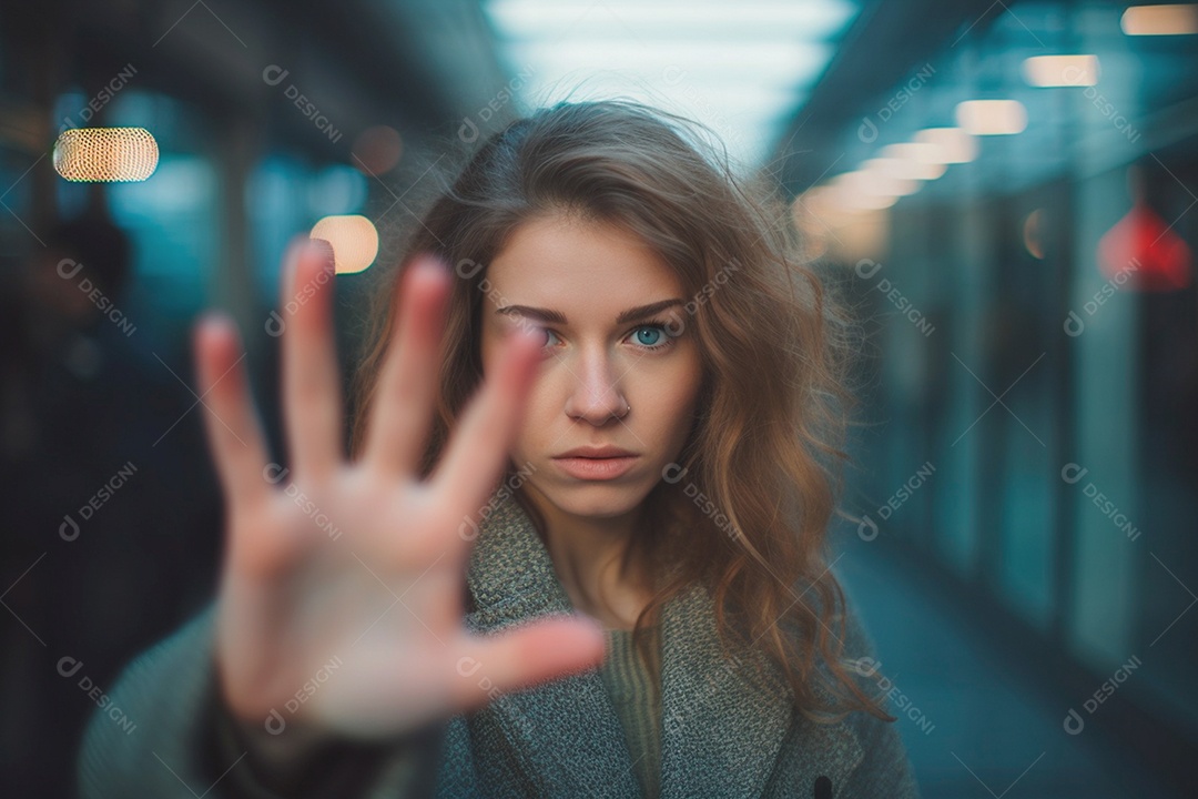 uma mulher gesticula para acabar com o assédio