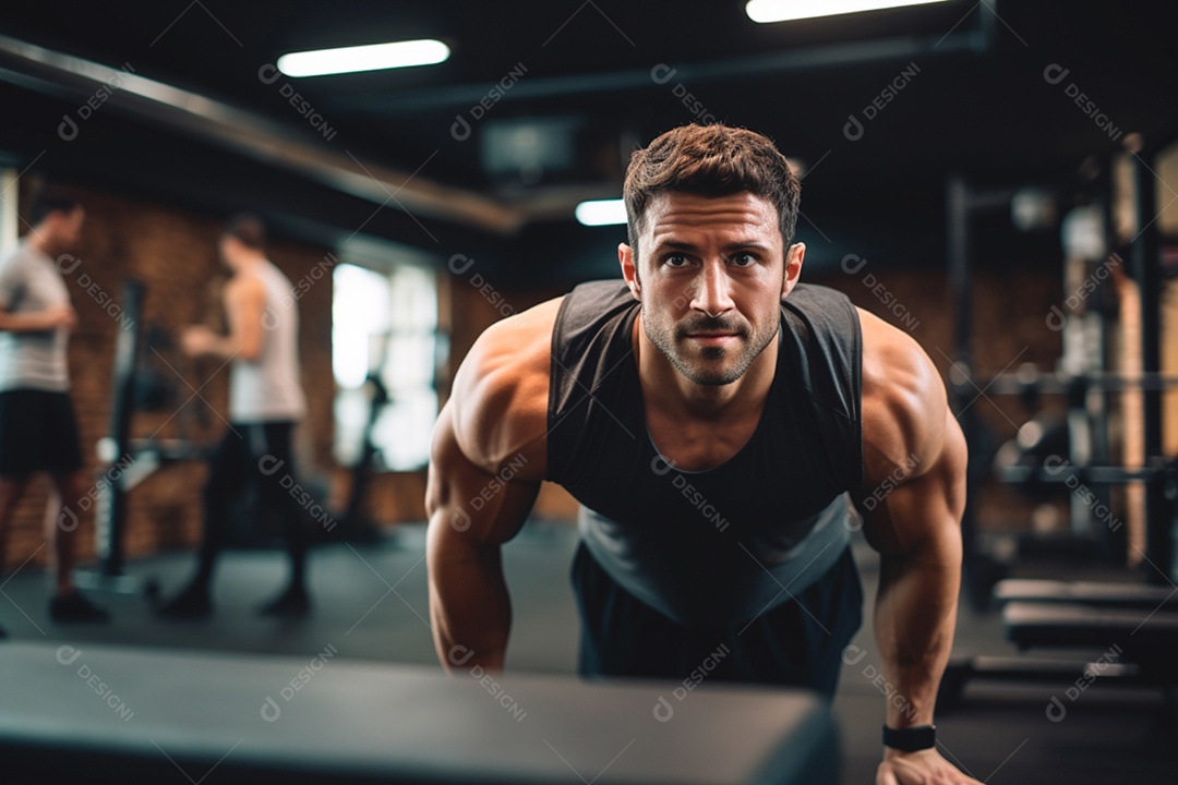 Homem musculoso com roupas esportivas fazendo flexões na academia