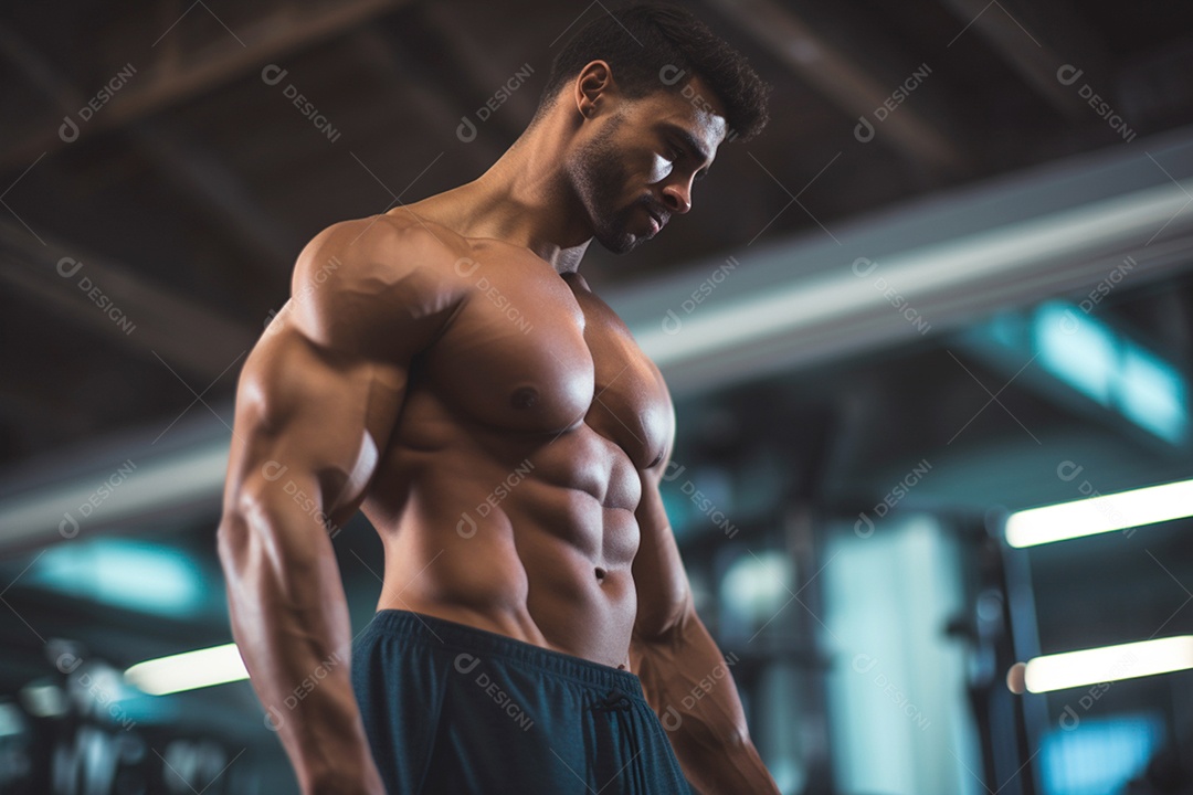 Homem exibindo seus abdomem duros de abdominais de ginástica