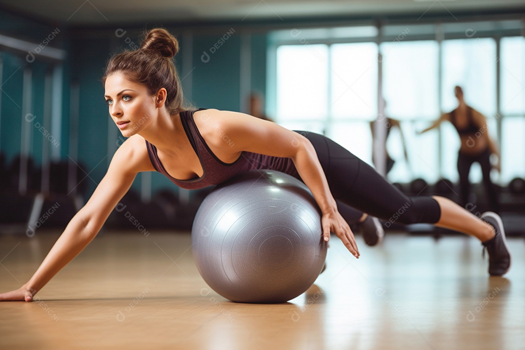 Uma mulher se equilibra em uma bola de Pilates com equilíbrio e controle