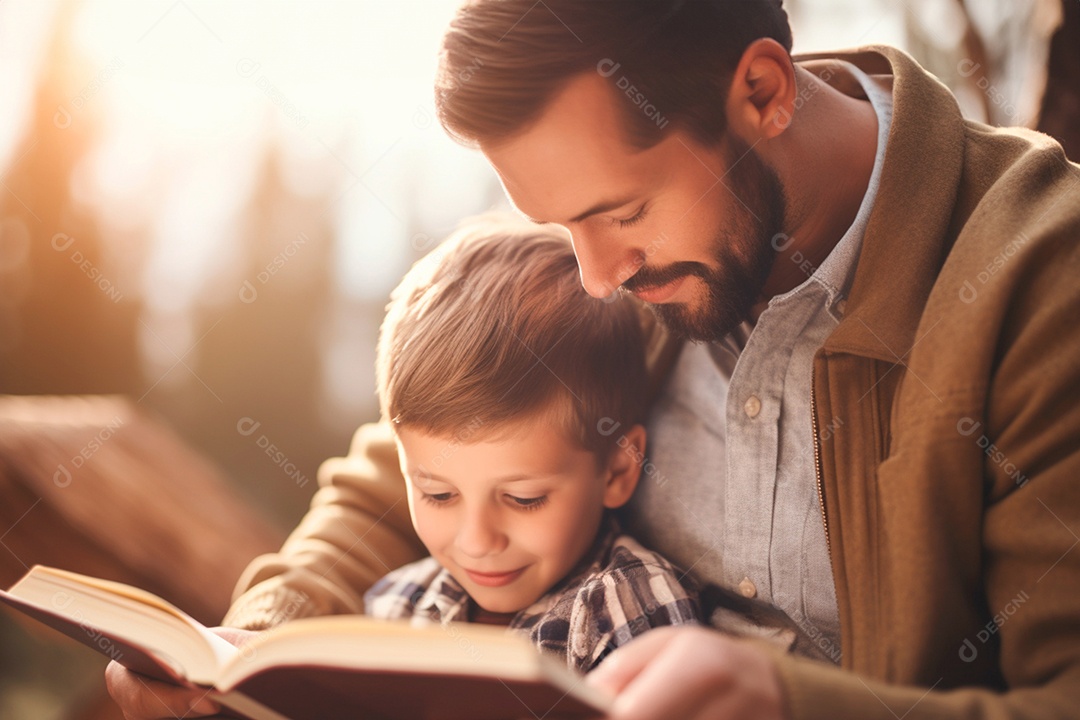 Pai lendo livro com seu filho ao ar livre
