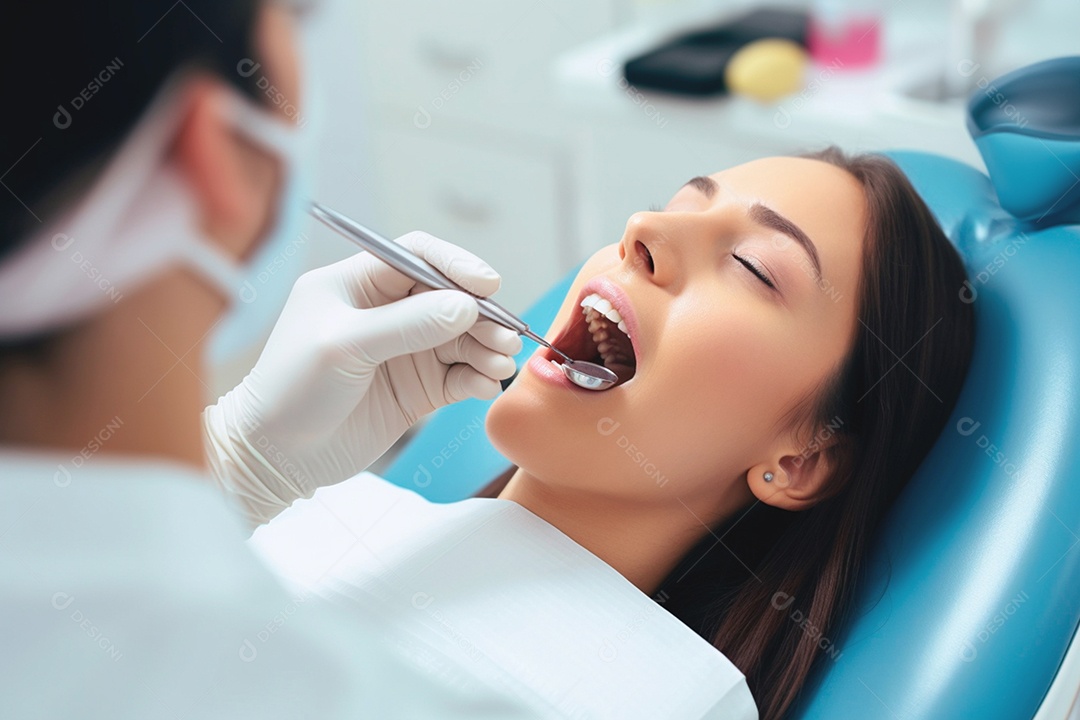 Detalhe de dentes bem conservados em tratamento em consultório odontológico