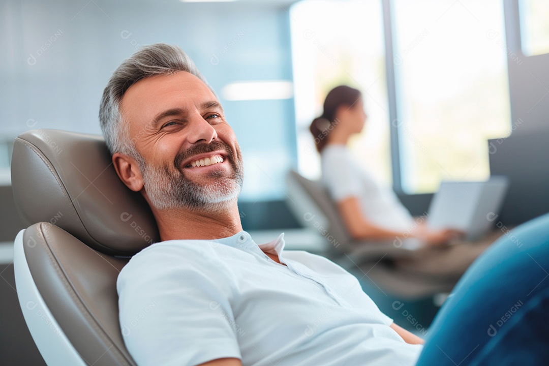 Homem distinto mostrando um sorriso bem cuidado em um ambiente de dentista