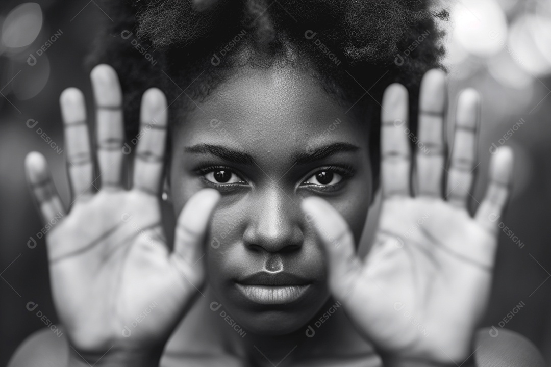 Mulher negra com mão para frente simbolizando