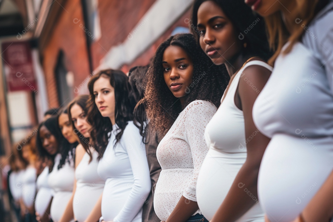 Mulheres em fila para tirar fotos de gestante