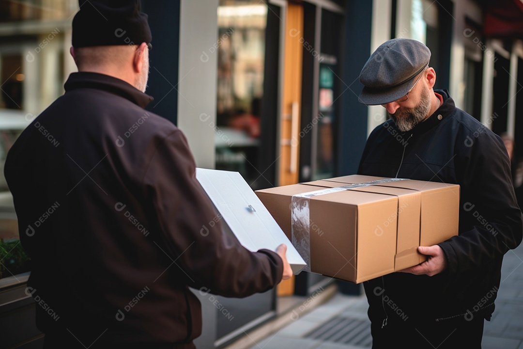 Pedido entregue de homem ao cliente online rápido e seguro