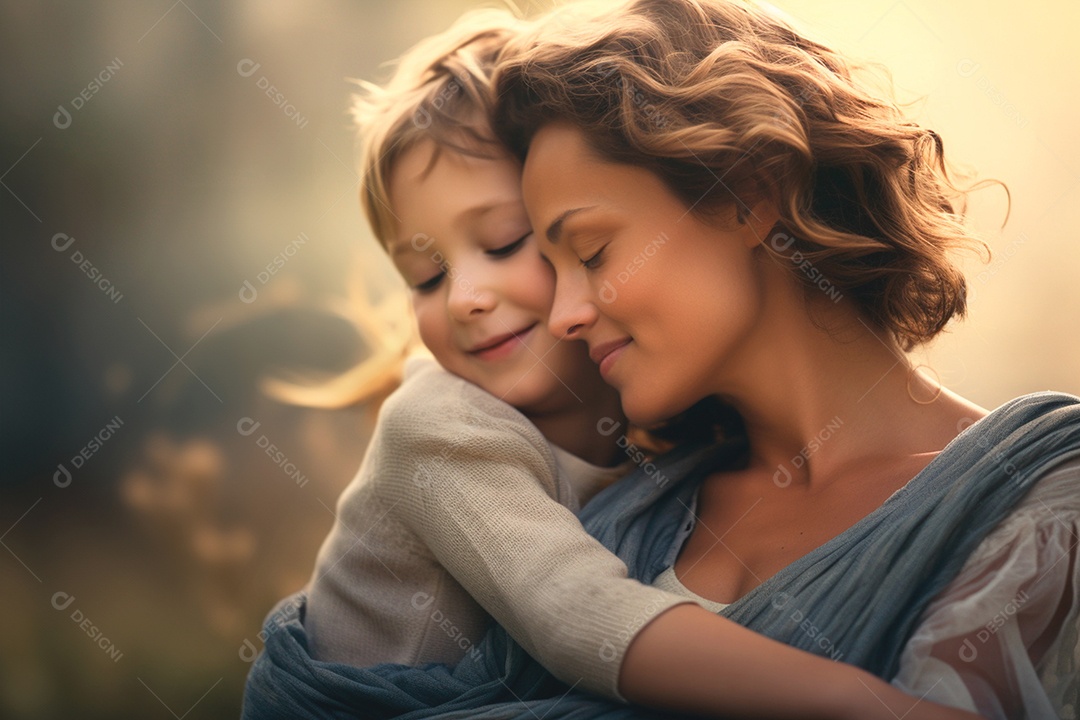 Uma mãe abraçando sua filha sentadas em uma campo