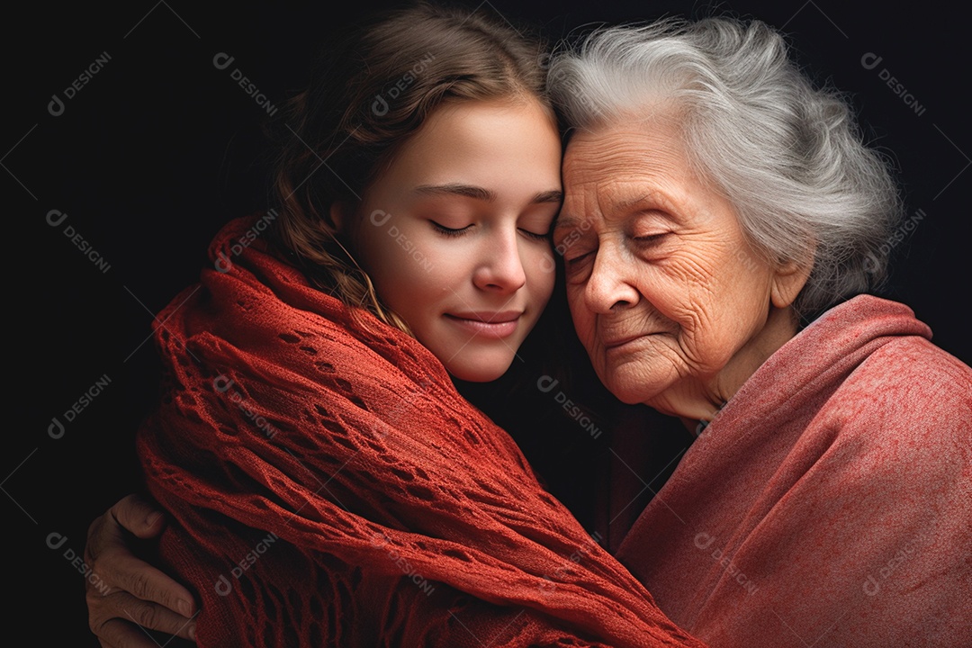 Uma linda imagem avó e sua neta com o mesmo cobertor abraçadas