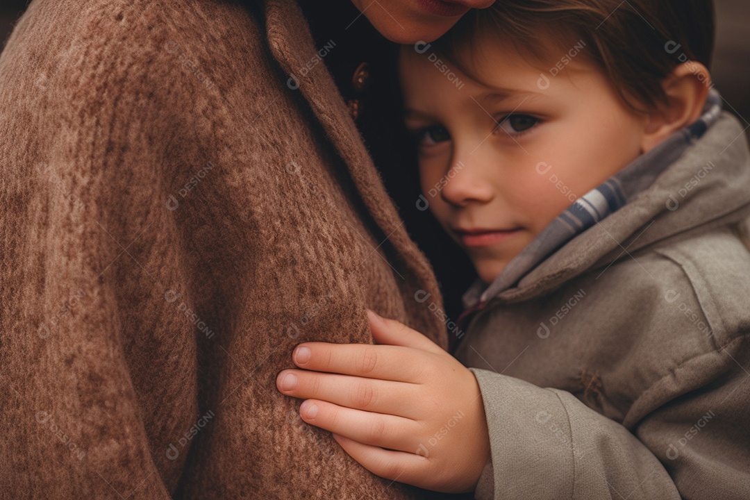 Um menino carente da sua mamãe abraçando