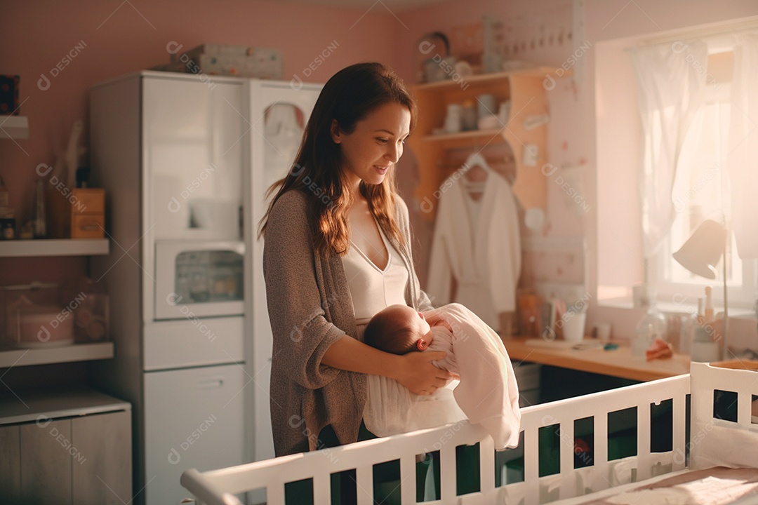 Mãe colocando seu bebê no berço