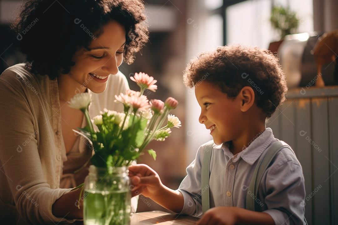Mãe sorrindo com seu filho comemorando o Dia das Mães