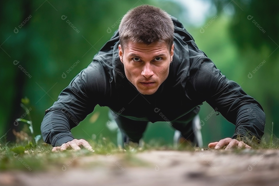 Um cara demonstra força com flexões