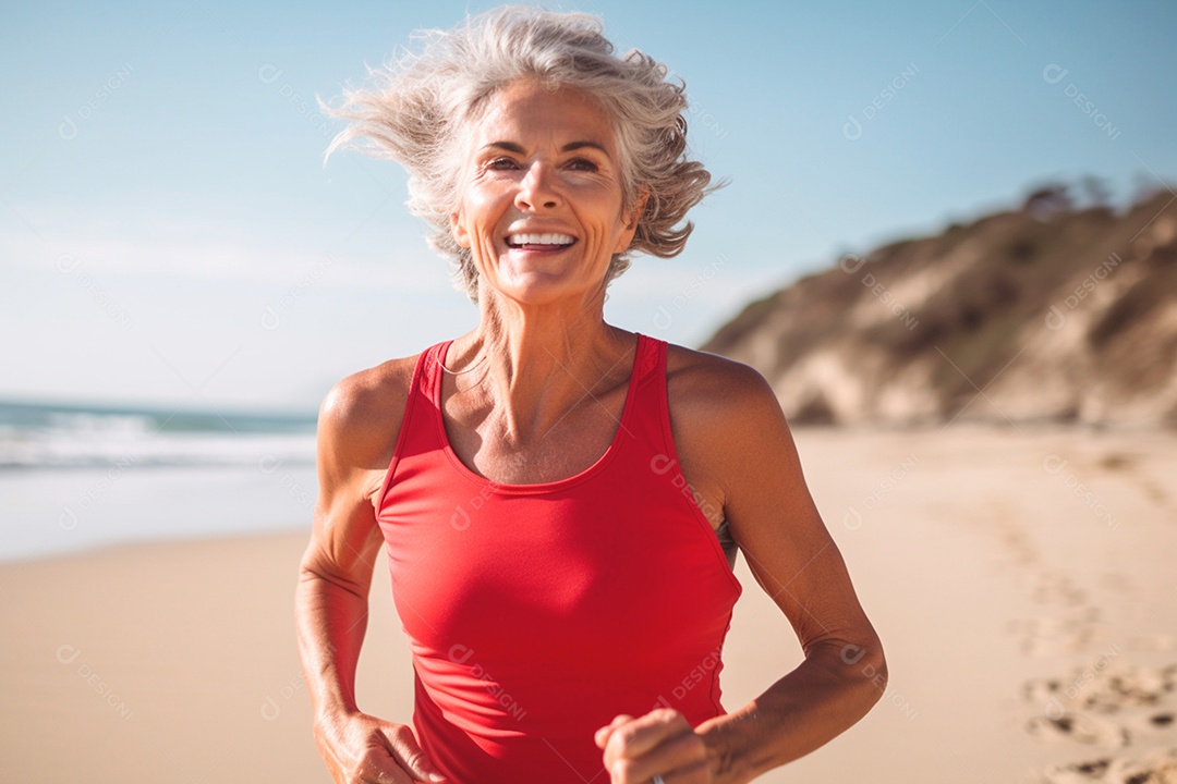 Uma mulher senhora saudável correndo a beira mar