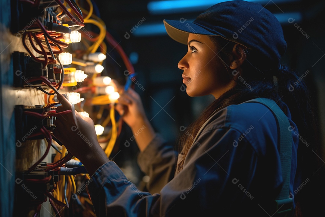 Eletricista industrial mulher prestando serviços de reparo elétrico
