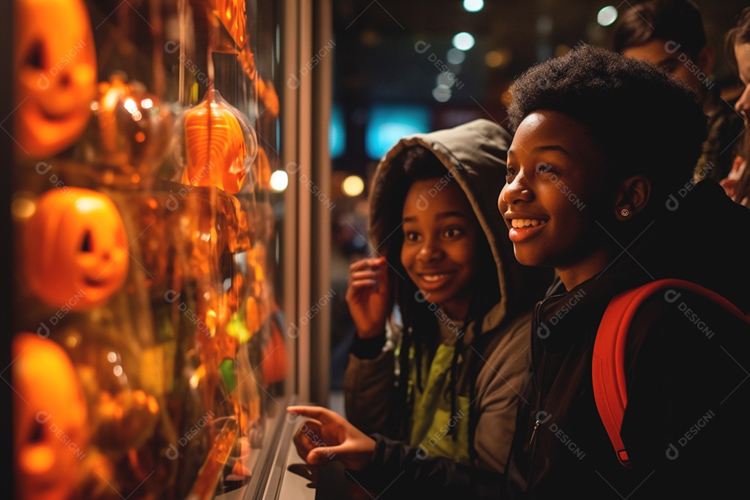 Crianças olhando pela vitrine de uma loja de halloween