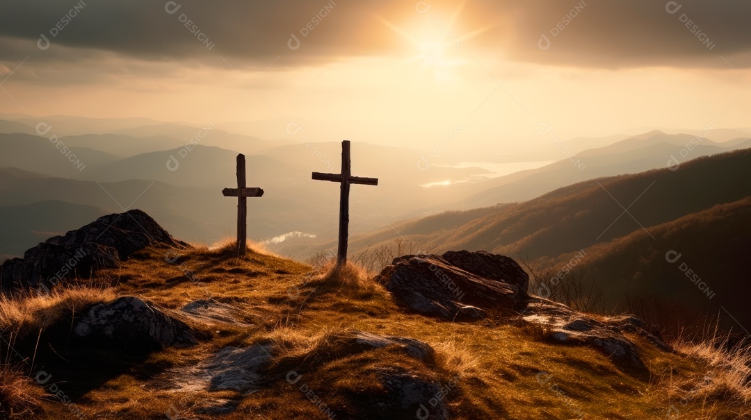 Três cruzes na montanha com luz solar, crença, fé e espiritualidade e ressurreição de Jesus Cristo IA generativa.