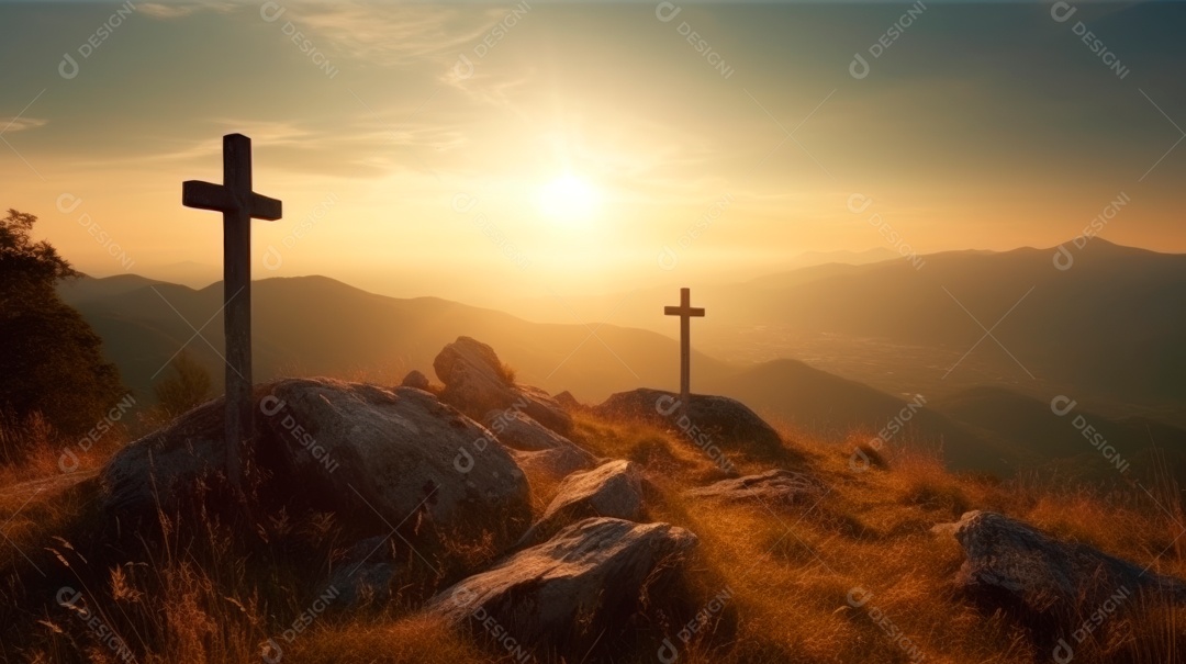 Três cruzes na montanha com luz solar, crença, fé e espiritualidade e ressurreição de Jesus Cristo IA generativa.