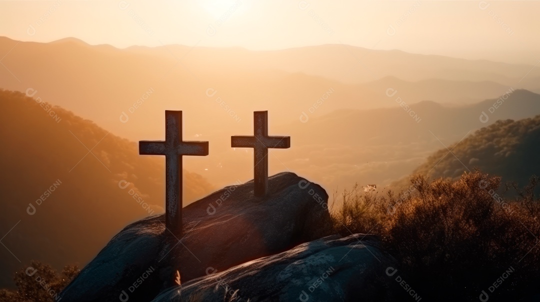 Três cruzes na montanha com luz solar, crença, fé e espiritualidade e ressurreição de Jesus Cristo IA generativa.