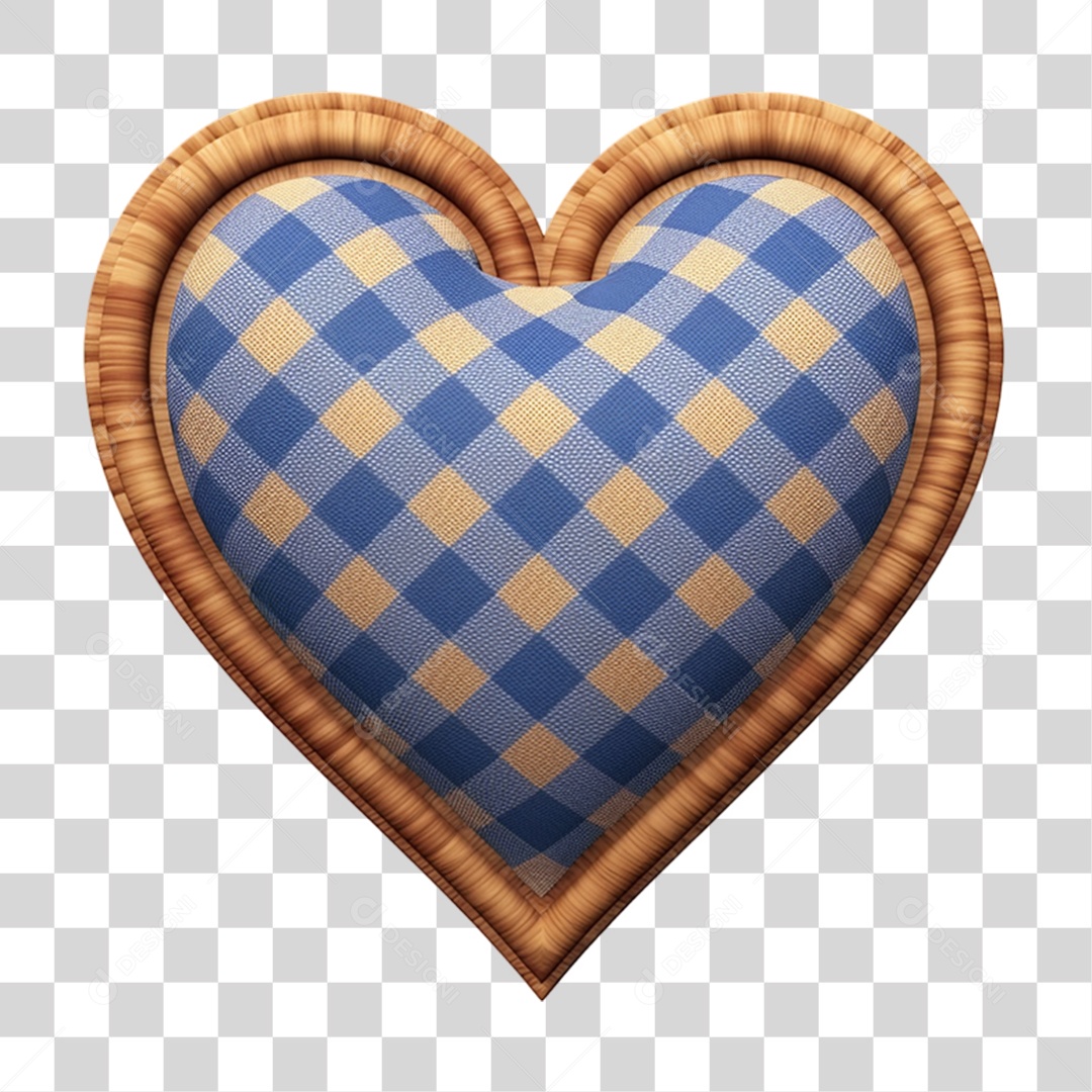 Elemento 3D Coração com Pano Xadrez PNG Transparente