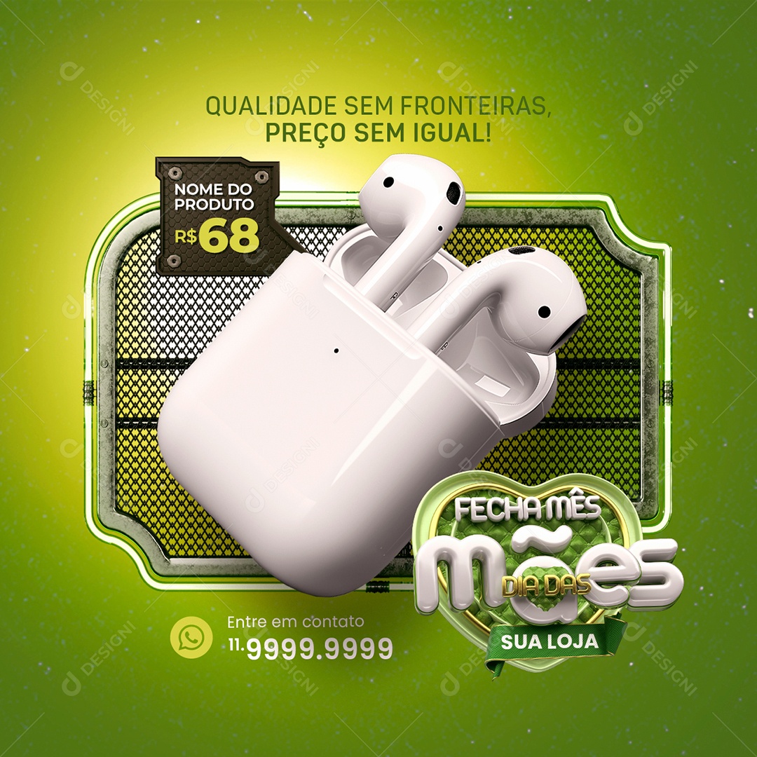 Loja de Eletrônicos Fecha Mês Dia das Mães Fone de Ouvido Airpods Social Media PSD Editável