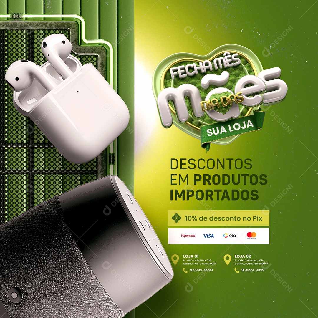 Loja de Eletrônicos Fecha Mês Dia das Mães Fone de Ouvido Airpods Caixinha de Som Social Media PSD Editável