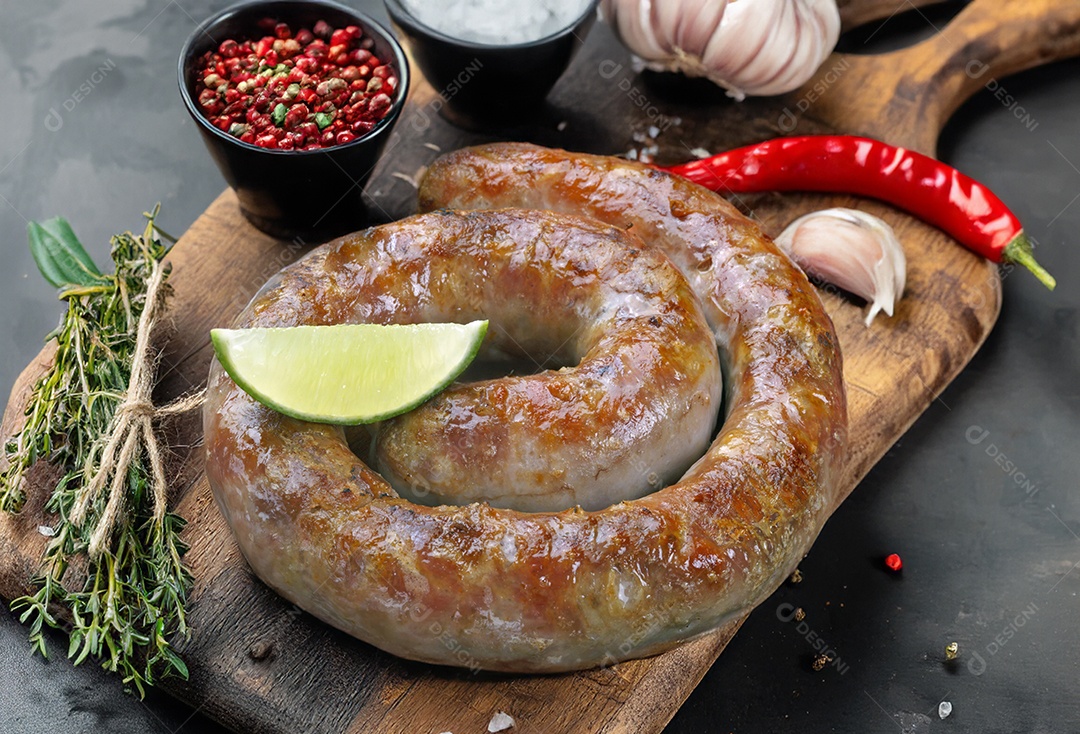 Linguiça mineira assada sobre tábua de madeira