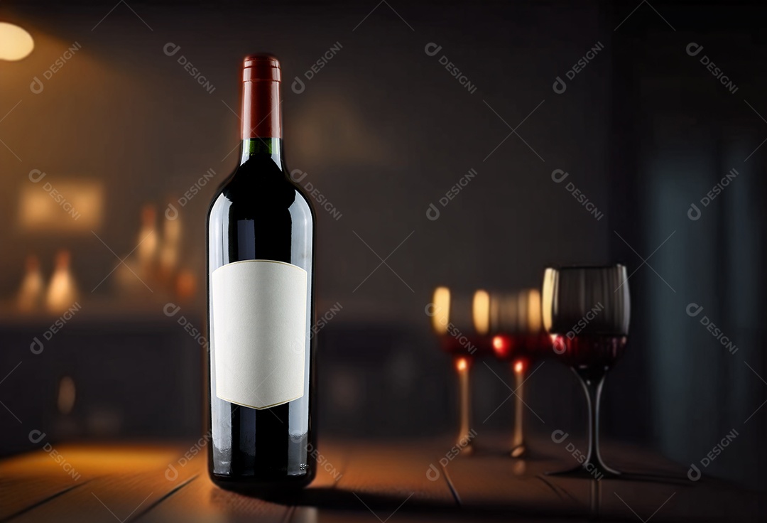 Garrafa de vinho com taças ao fundo