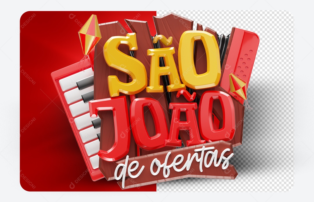 São João de Ofertas Selo 3D Amarelo e Vermelho para Composição PSD