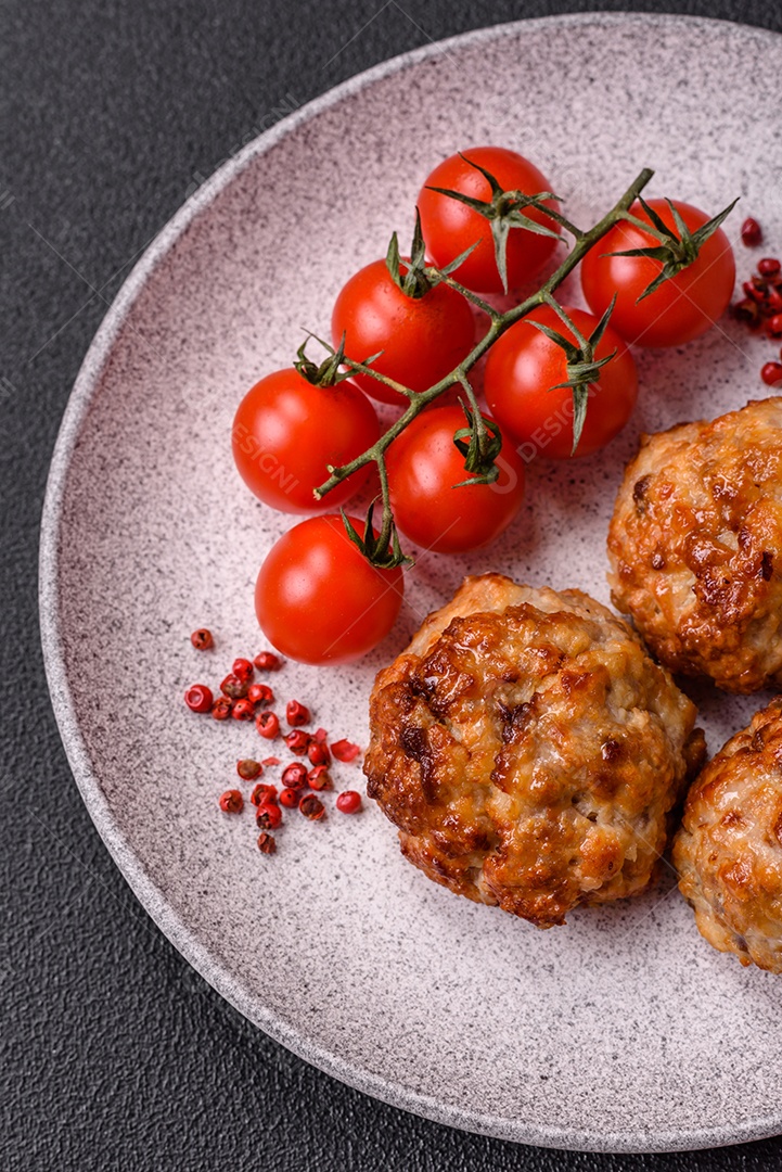 Deliciosas costeletas de peixe picado frito fresco com especiarias e ervas sobre um fundo escuro de concreto