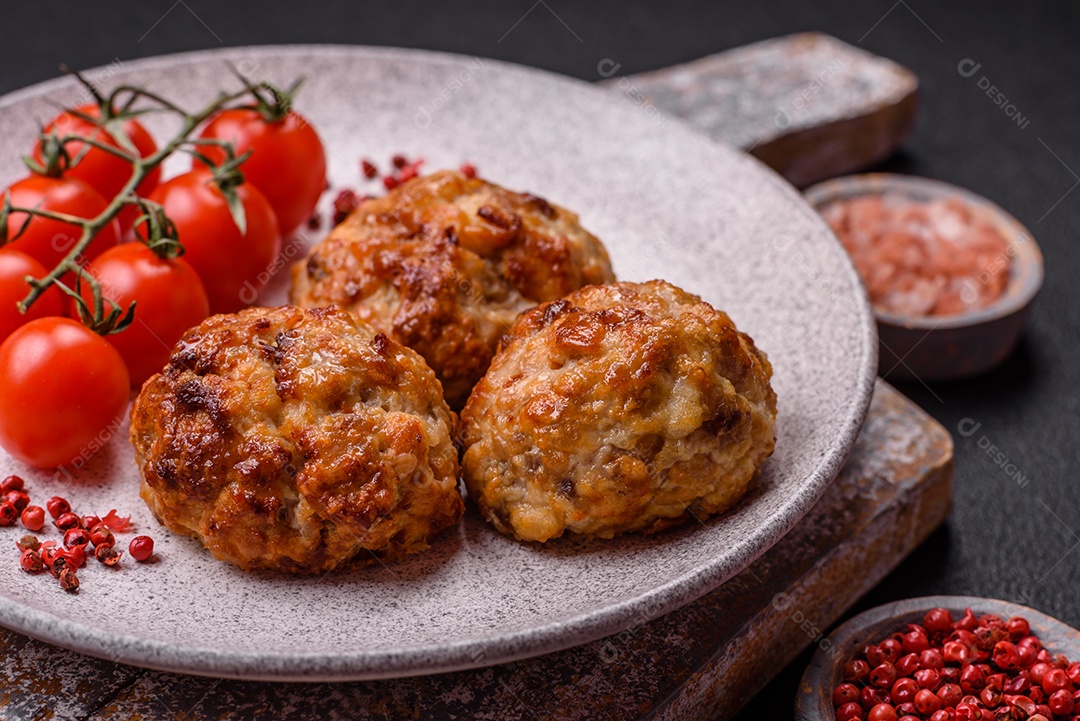 Deliciosas costeletas de peixe picado frito fresco com especiarias e ervas sobre um fundo escuro de concreto