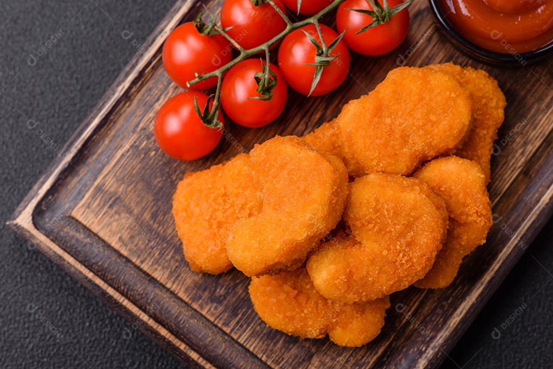 Deliciosos nuggets de frango crocantes frescos em um fundo escuro de concreto. Alimentos não saudáveis, fast food