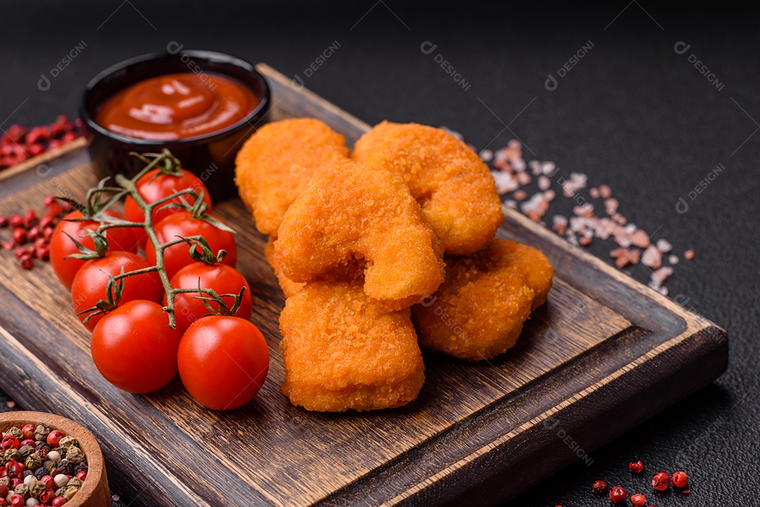 Deliciosos nuggets de frango crocantes frescos em um fundo escuro de concreto. Alimentos não saudáveis, fast food