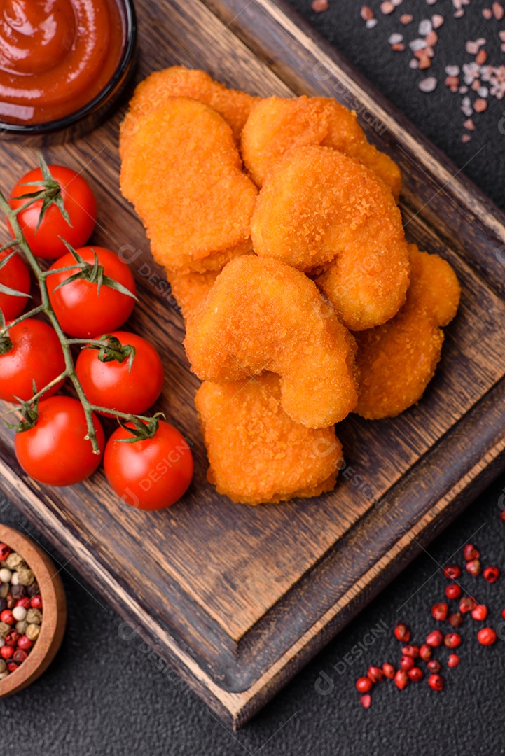Deliciosos nuggets de frango crocantes frescos em um fundo escuro de concreto. Alimentos não saudáveis, fast food