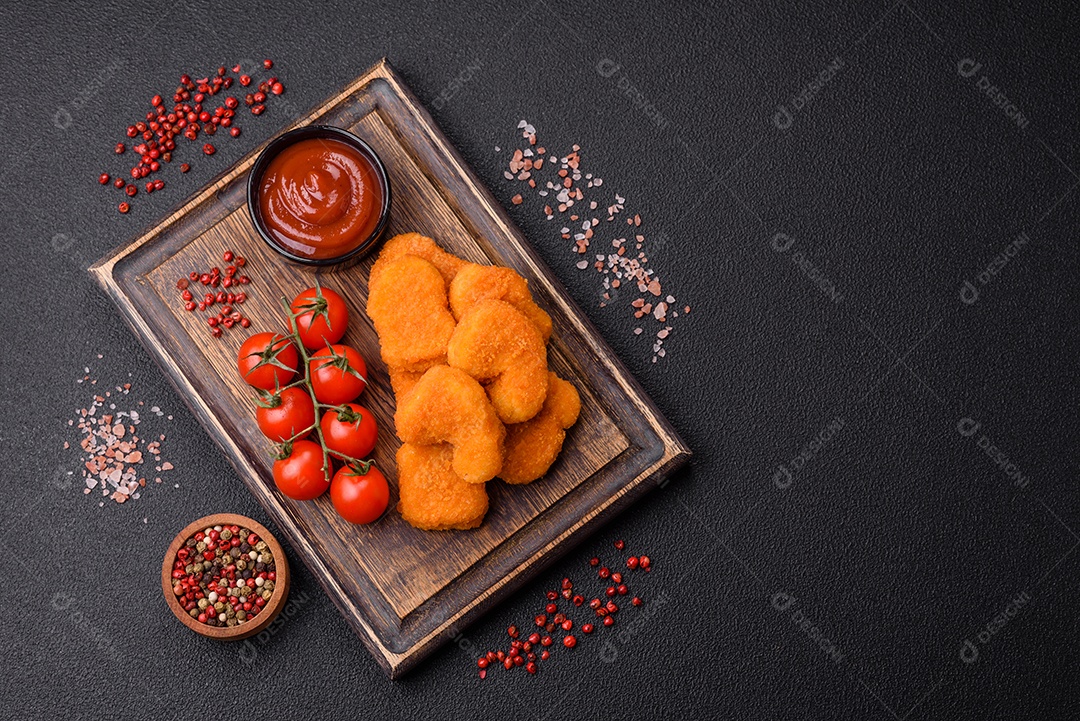 Deliciosos nuggets de frango crocantes frescos em um fundo escuro de concreto. Alimentos não saudáveis, fast food