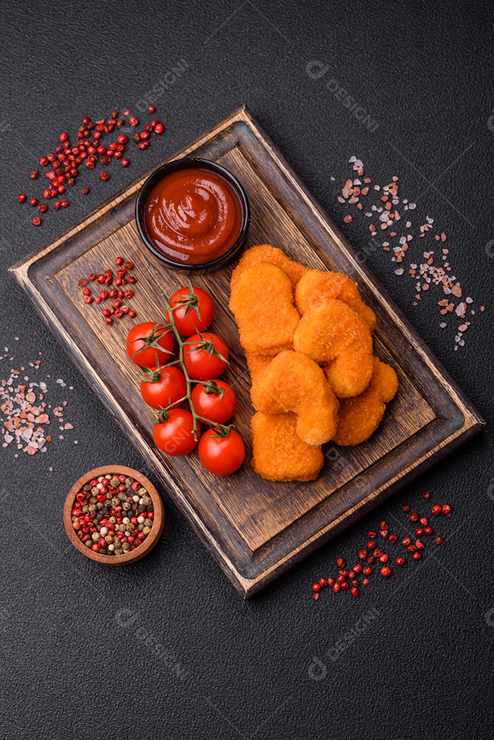 Deliciosos nuggets de frango crocantes frescos em um fundo escuro de concreto. Alimentos não saudáveis, fast food