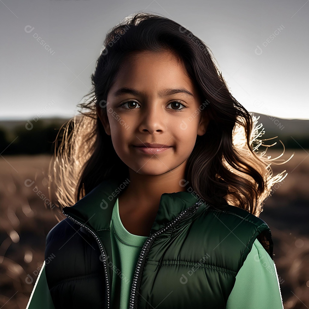 Retrato de menina morena ao pôr do sol em campo