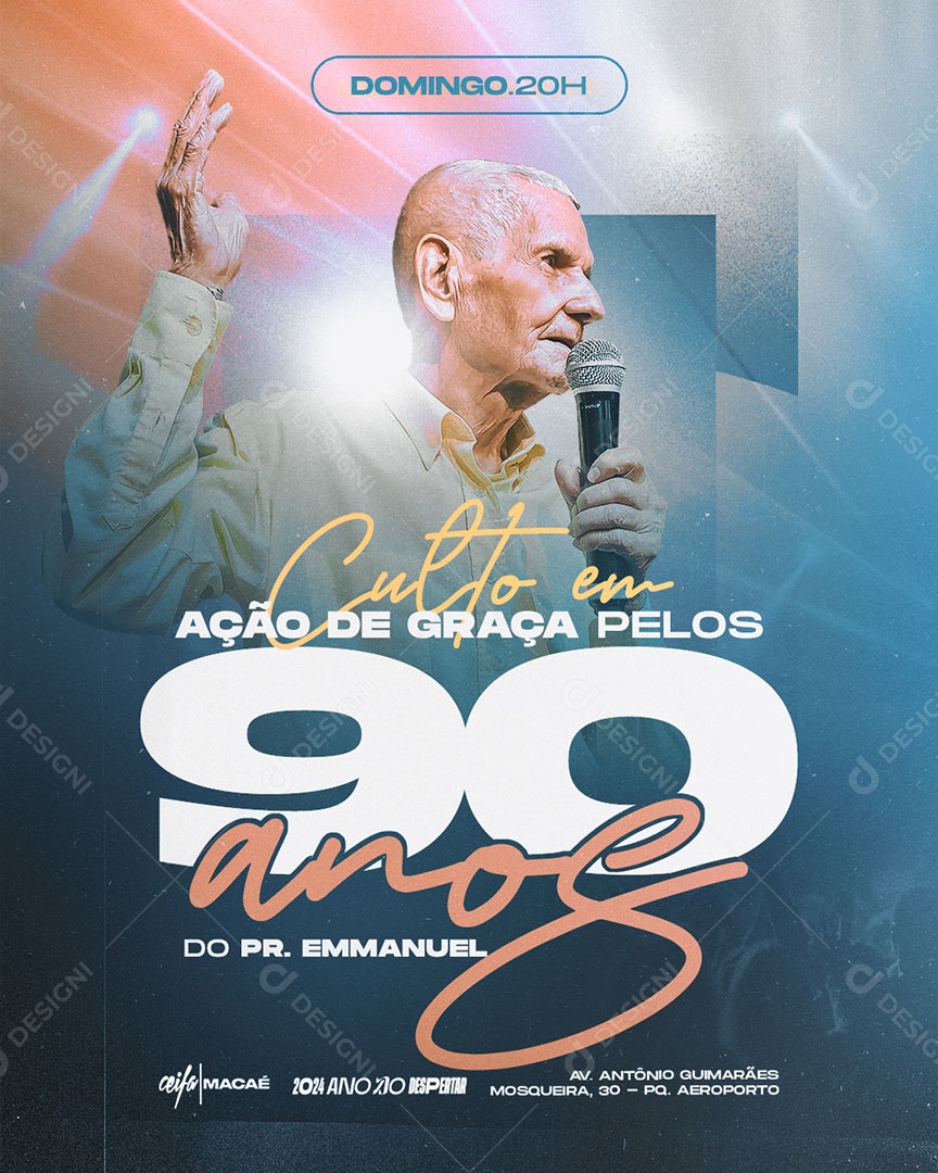 Culto em Ação de Graça pelos 90 Anos do PR. Emmanuel Social Media PSD Editável