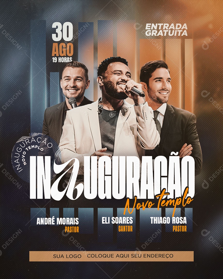 Flyer Inauguração Novo Templo André Morais Eli Soares Thiago Rosa Social Media PSD Editável