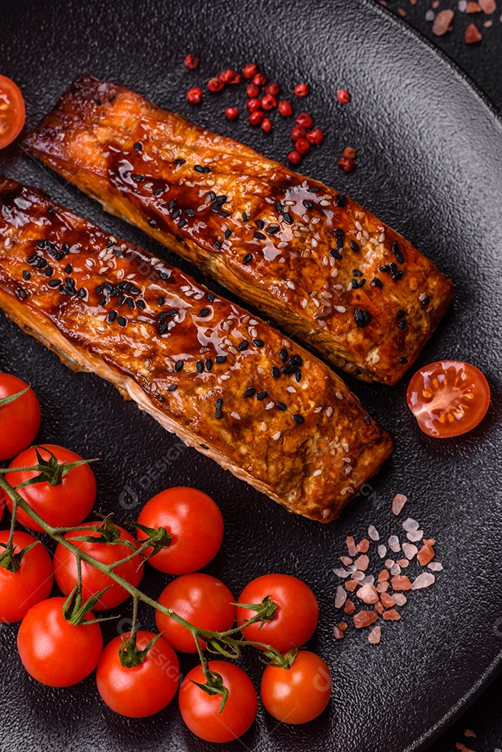 Delicioso salmão vermelho grelhado com molho e gergelim, especiarias e ervas sobre um fundo escuro de concreto