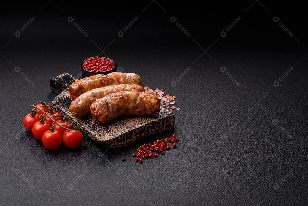 Salsichas grelhadas com especiarias e ervas. Vista superior plana. Com espaço de cópia