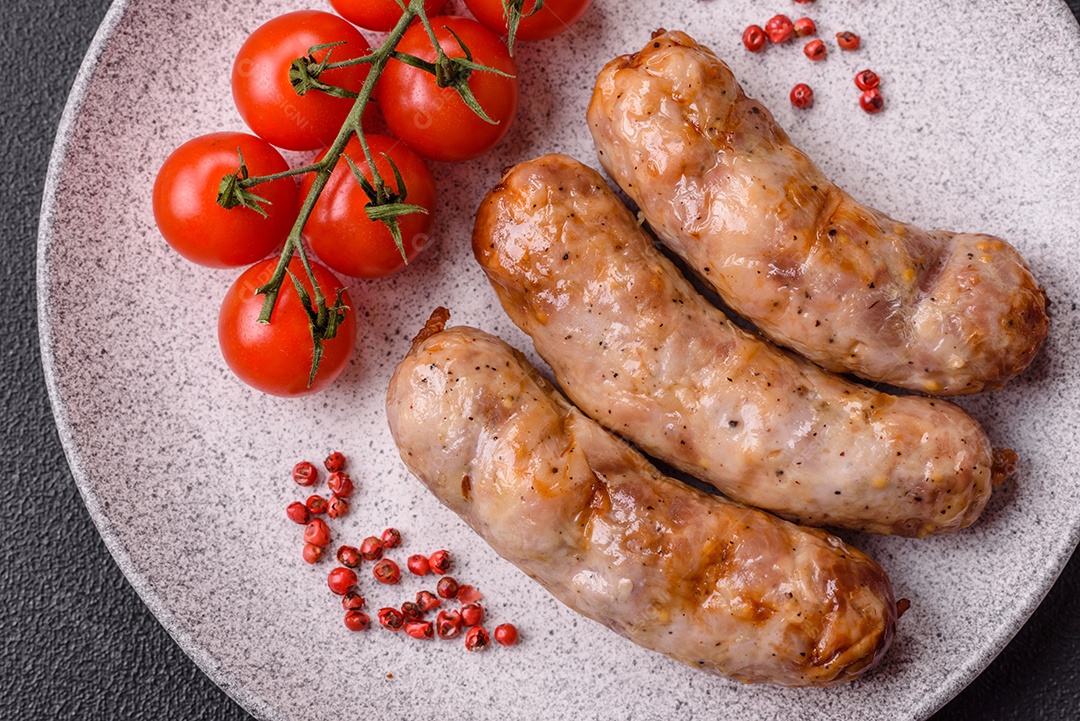 Salsichas grelhadas com especiarias e ervas. Vista superior plana. Com espaço de cópia