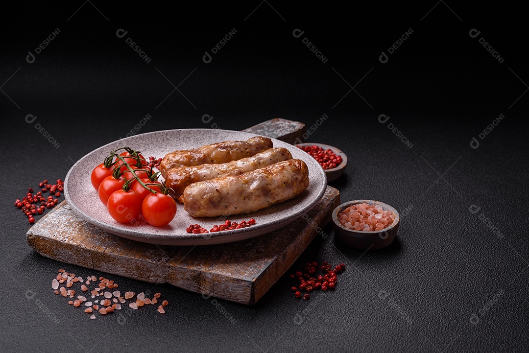 Salsichas grelhadas com especiarias e ervas. Vista superior plana. Com espaço de cópia