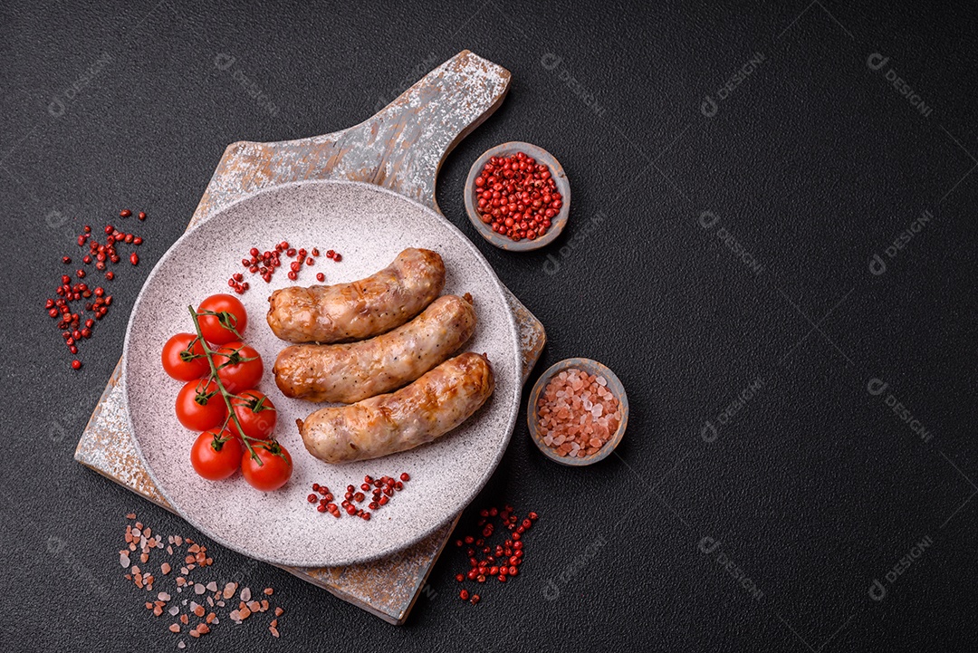 Salsichas grelhadas com especiarias e ervas. Vista superior plana. Com espaço de cópia