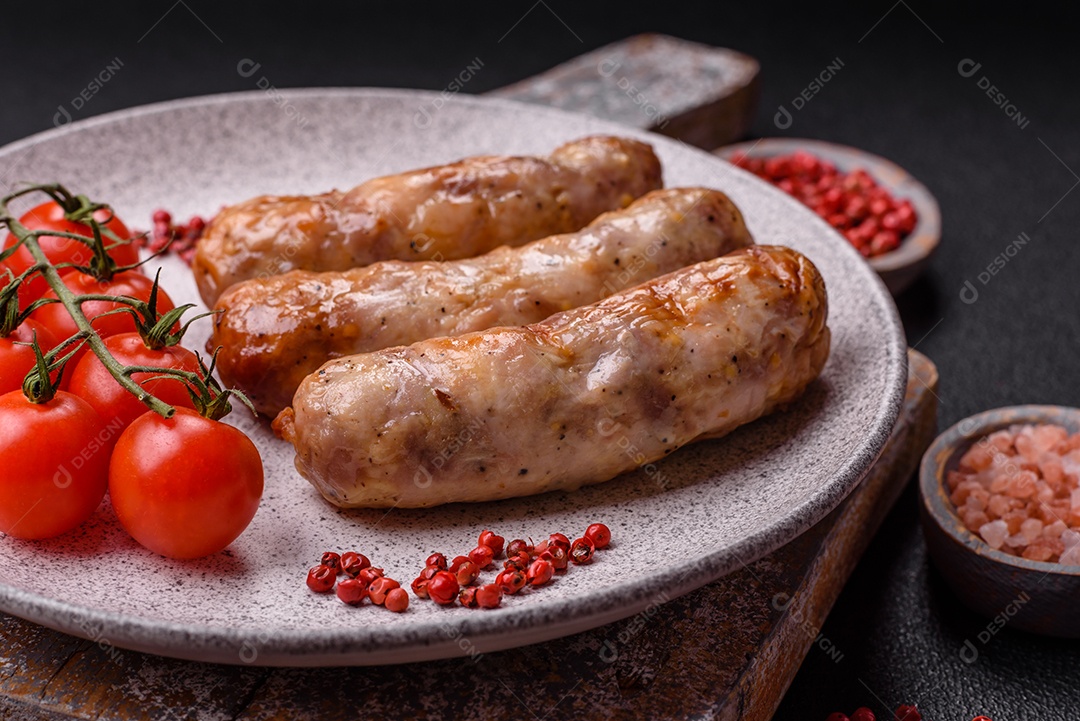 Salsichas grelhadas com especiarias e ervas. Vista superior plana. Com espaço de cópia