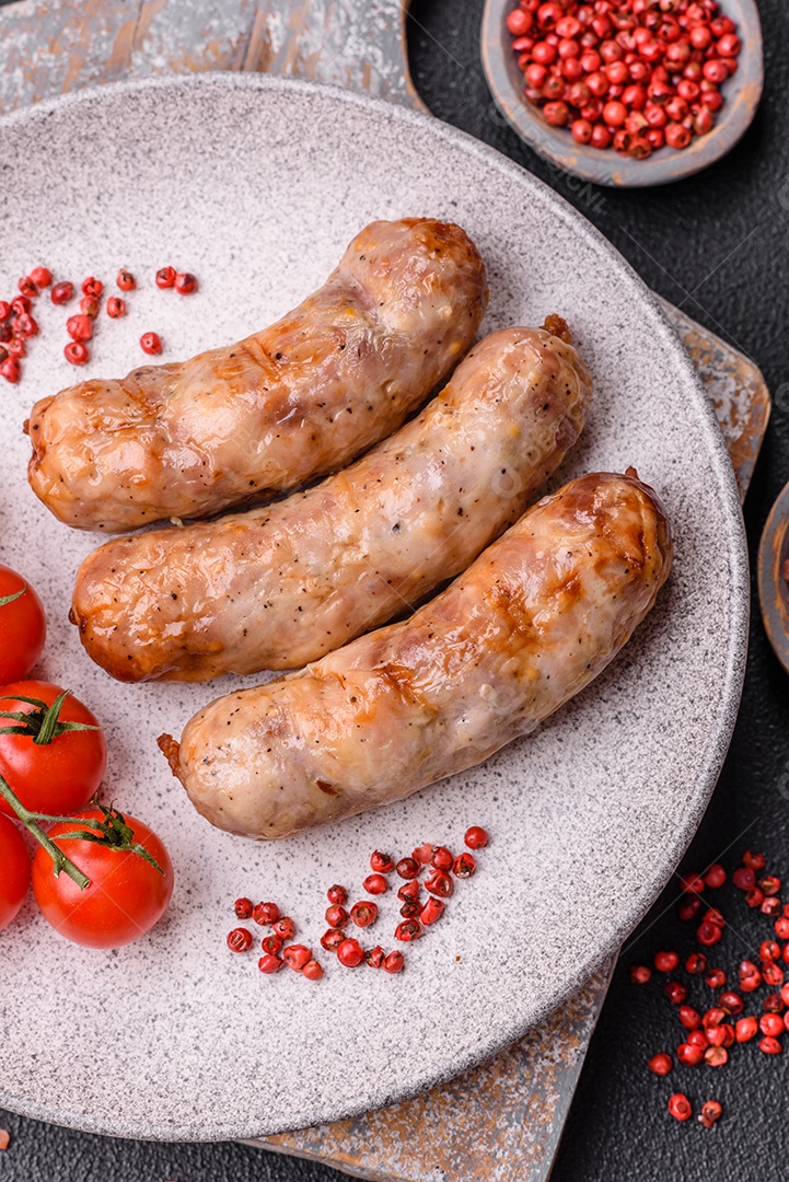 Salsichas grelhadas com especiarias e ervas. Vista superior plana. Com espaço de cópia