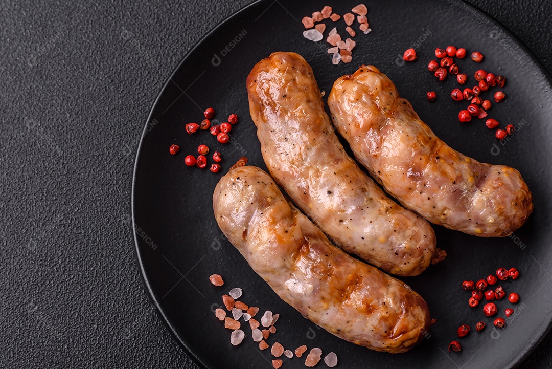 Salsichas grelhadas com especiarias e ervas. Vista superior plana. Com espaço de cópia