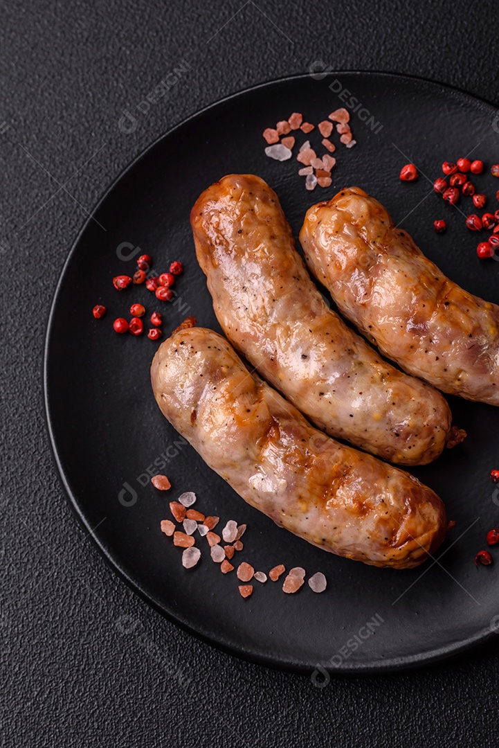 Salsichas grelhadas com especiarias e ervas. Vista superior plana. Com espaço de cópia