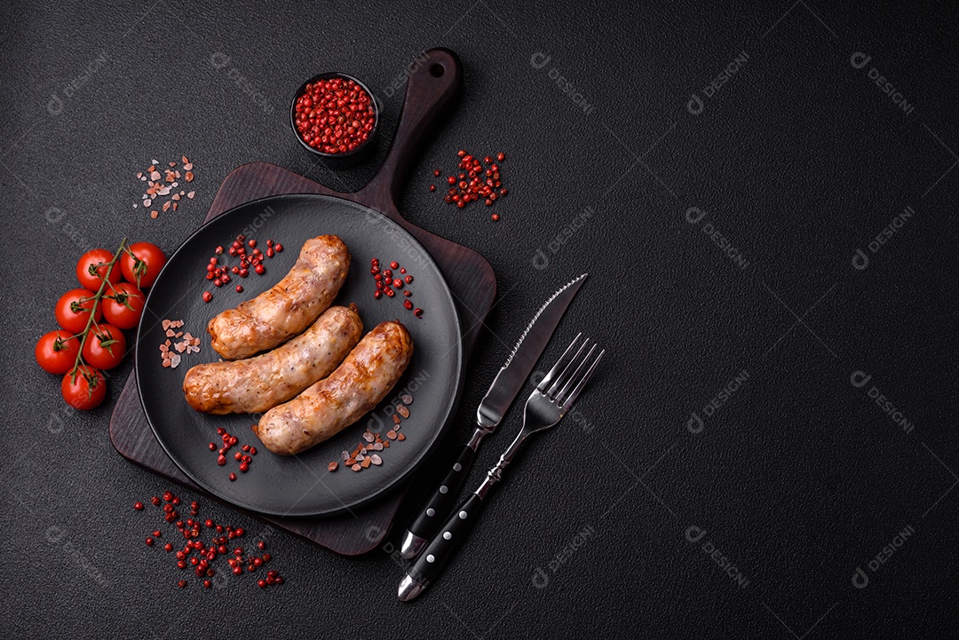 Salsichas grelhadas com especiarias e ervas. Vista superior plana. Com espaço de cópia