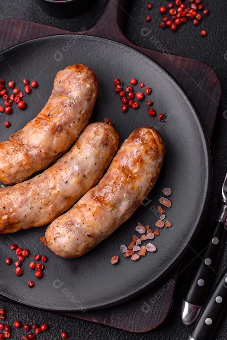 Salsichas grelhadas com especiarias e ervas. Vista superior plana. Com espaço de cópia