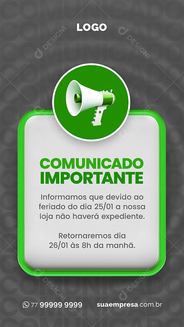 Story Comunicado não Haverá Expediente Devido ao Feriado Social Media PSD Editável